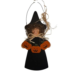 Handmade Wooden Happy Halloween Witch with Pumpkin and Cat Wall Hanging Vtg - Picture 1 of 4