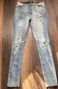 Pantalones de mezclilla BooHoo Hombre 34x34 Azul Envejecido Regular Punk Grunge Estilo Nunca Usados - Imagen 1 de 9