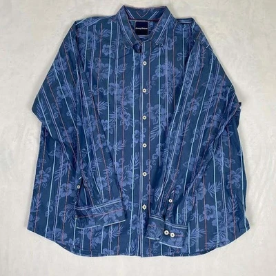 Tommy Bahama XXL Button Down Shirt Blue Floral Striped Cotton Silk Blend - Image 1 of 4