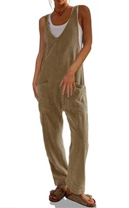 Cicy Bell Corduroy Overalls for Women, V-Neck Jumpsuit, Khaki, Size L - Picture 1 of 4