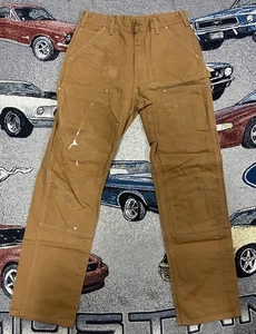 Vintage Carhartt Double Knee Pants Size 33x34 Tan Carpenter Loose Original - Picture 1 of 14