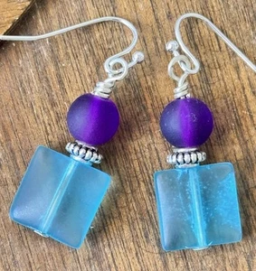 Silver, Frosted Ocean Blue and Violet Sea Glass Earrings - Picture 1 of 3
