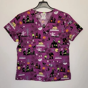 Halloween Scrub Top Scrubstar Womens Size M Purple V Neck Short Sleeve 2 Pockets - Picture 1 of 9
