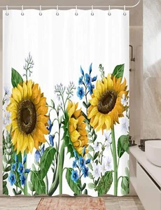 Sunflower Shower Curtain Yellow Sunflower with Green Leaves Yellow Shower Cur... - Picture 1 of 5