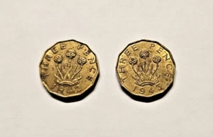 Set of 2 United Kingdom 1942 & 1943 three (3) Pence three, George VI, England - Picture 1 of 2