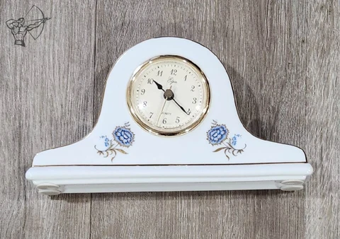 Quartz Clock, White Ceramic with Gold Trim and Blue Flowers. 5" tall Cover