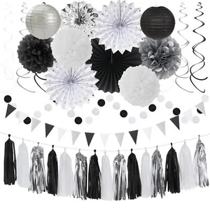 Black White-Silver Party-Decorations - 33pcs Kits BannerGraduation Streamer T... - Picture 1 of 7