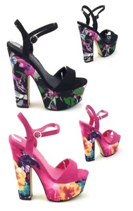 LADIES WOMENS PEEP TOE BLOCK HEEL FLORAL PRINT SUMMER EVENING SANDALS SHOES SIZE - Picture 1 of 21
