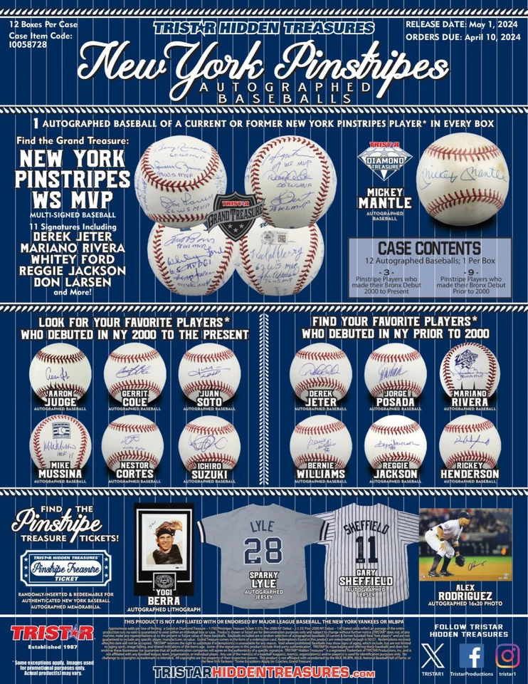 2024 TriStar Hidden Treasures New York Pinstripes Autographed Baseball Hobby Box - Image 1 of 1