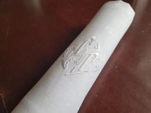 1 XL Antique French damask linen napkins hand embroidered monogram TT - Picture 1 of 11