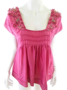 Patrizia pepe Size S Pink Tunic Blouse Silk 100% Short Sleeve Crystals - Picture 1 of 5