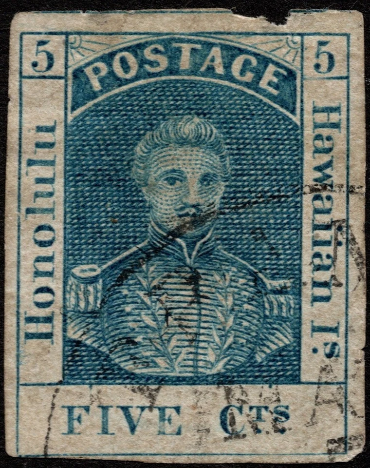 Hawaii - 1857 - 5 centavos Blue King Kamehameha III edición # 8 usado con 4 márgenes raro Foto 1 de 1