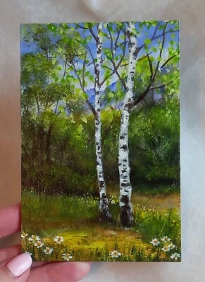 Pintura Acrílica Original Paisaje Abedules y Bosque Pequeño Arte de Pared 6 x 4 pulgadas Foto 1 de 4