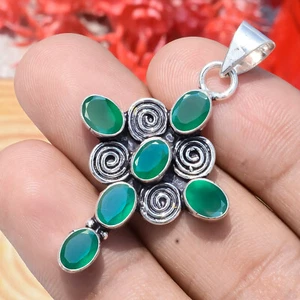 Green Onyx 5x7MM Gemstone Cross 925 Sterling Silver Cross Birthday Man's Jewelry - Picture 1 of 10