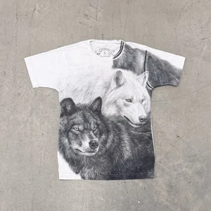 Black White Wolves Shirt Yin Yang Y2K Small Affliction Style Rare Russian AOP - Picture 1 of 7