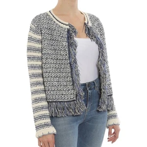 Cardigan donna Pinko Boucle jacquard Riga bordo sfilacciato blu beige Italia taglia S - Foto 1 di 10