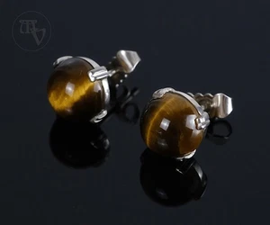 Tigerauge Solitär 1cm Ohrstecker Ohrringe 835 Silber Vintage Second Hand Schmuck - Picture 1 of 4