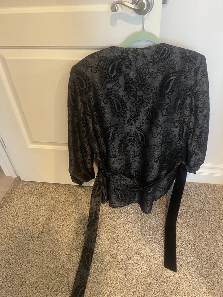 Linda Allard Ellen Tracy Womens Paisley Jacquard Blazer Coat 16 Black With Belt Foto 1 de 4