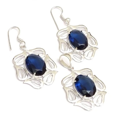 Juego de pendientes colgantes chapados en plata con piedras preciosas facetadas de cuarzo tanzanita azul U741 Foto 1 de 3