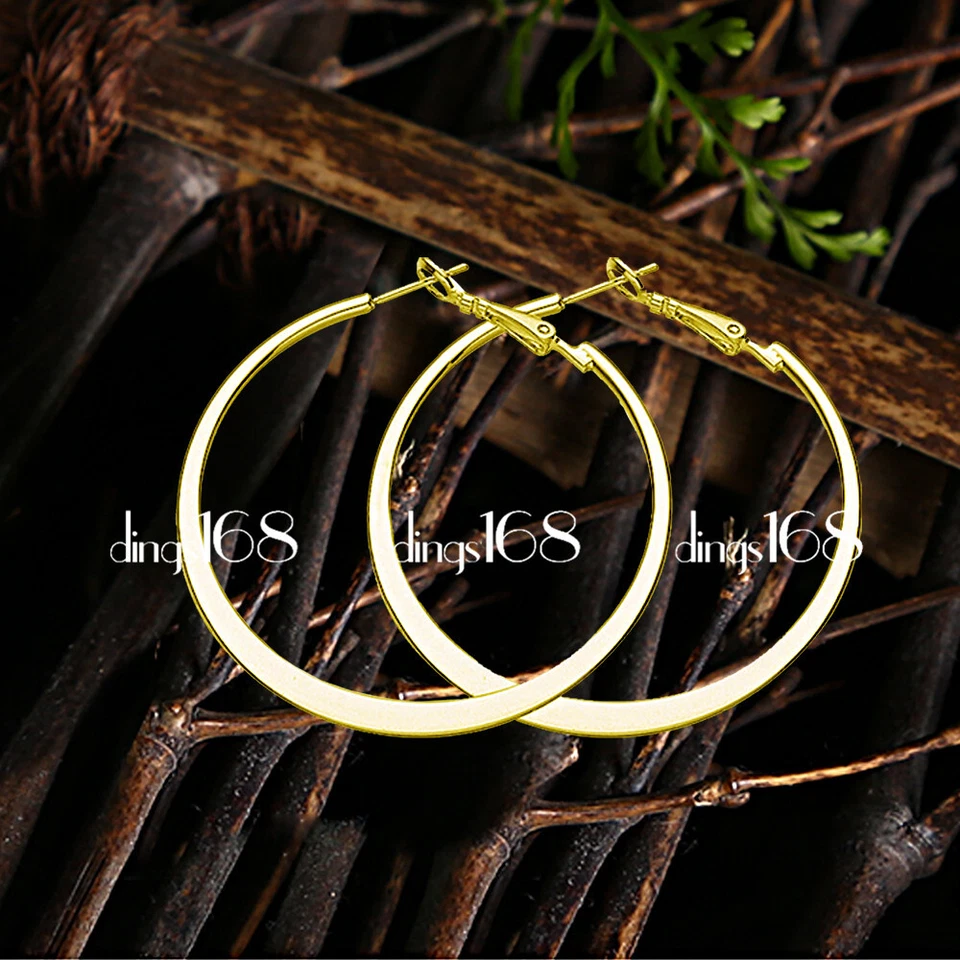 925 Sterling Silver/18K Gold Filled Hypo-allergenic FLAT Large Hoop Earring H903 - Image 1 of 1