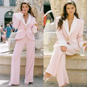 Tuta donna rosa scialle risvolto monopetto formale business casual 2 pezzi - Foto 1 di 11