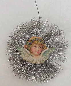 Alter Weihnachtsschmuck Christbaumschmuck Tinsel mit Oblatenbild Engel 1952/21 - Picture 1 of 4