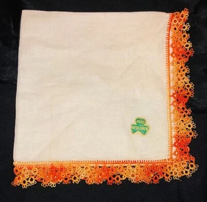 Fazzoletto lino irlandese bianco fatto a mano arancione pizzo tattato nuovo vecchio stock 10,5" - Foto 1 di 20