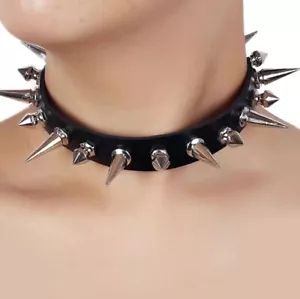 Punk Spiked Choker Necklace - Black Leather Adjustable Collar with Silver Spikes - Picture 1 of 5