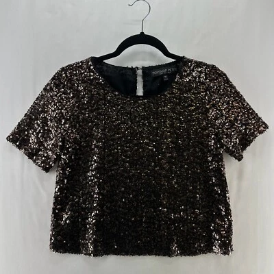 TOPSHOP PETITE Top Womens Size 2 Sequin Embellished Cropped Short Sleeve Black - Image 1 of 4