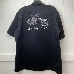Johnny Suede Shirts Mens L Button Up Black Embroidered Motorcycle Biker USA EUC - Picture 1 of 10