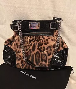 BORSA DOLCE & GABBANA MISS SILKY nera verniciata pelle leopardata stampata pelliccia - Foto 1 di 12