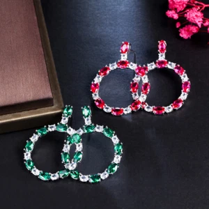 Unique Fuchsia CZ Crystal Big Round Oval Earring for Women Silver Plated Jewelry - Picture 1 of 13