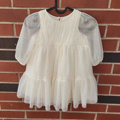 Cat & Jack 3T Cream Gold Glitter Tulle Dress Sheer Long Sleeve EUC - Image 1 of 4