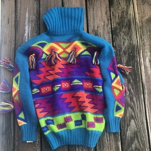 Catherine Lover Wool Sweater Turtleneck Sz M Blue Red Vtg 80s Beverly Goldberg - Picture 1 of 9