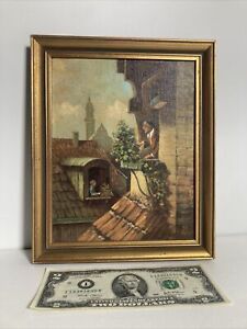 Vintage Original Miniature Oil Painting Classical Realism Rooftop Terrace Signed