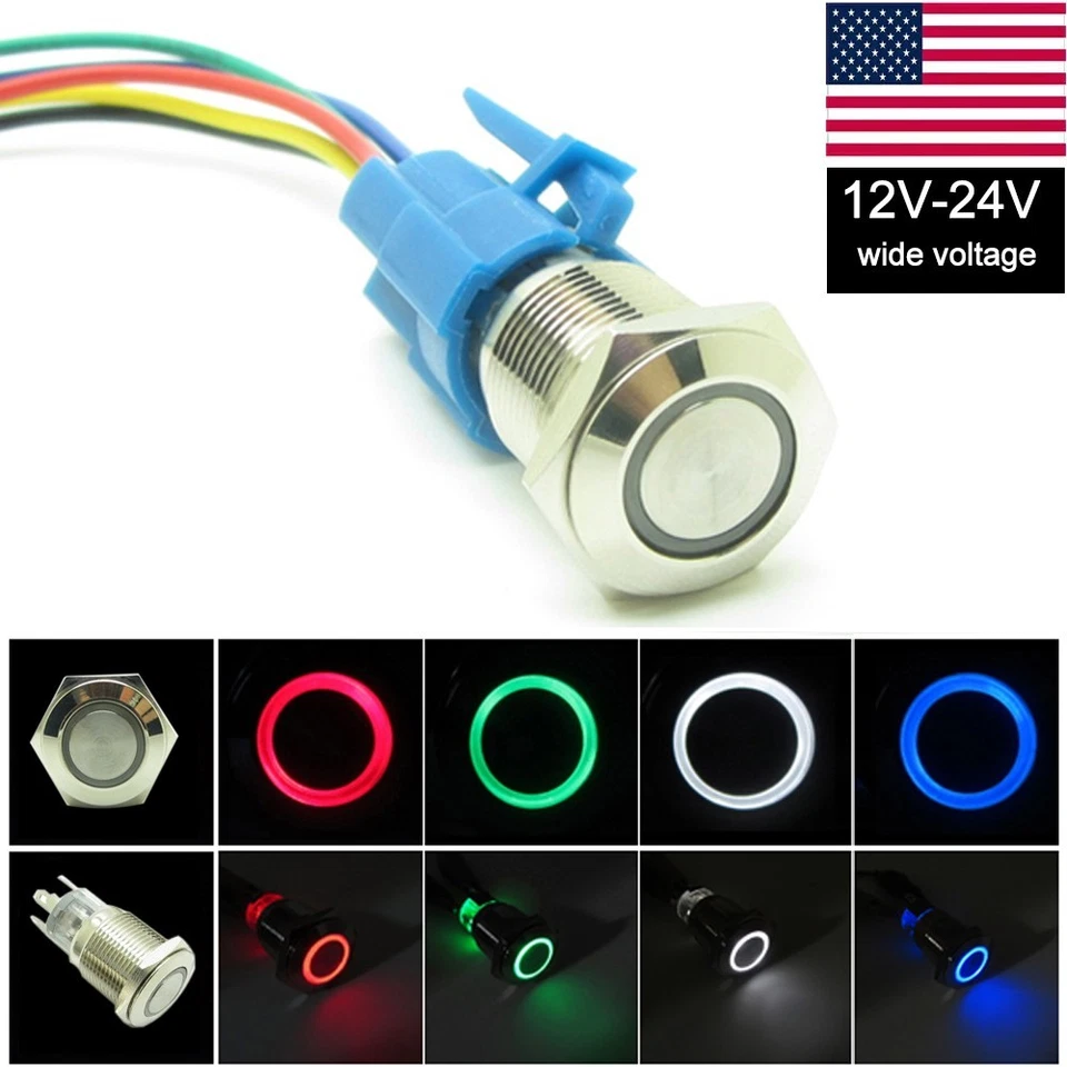 Interruptor de botón pulsador de metal de 16 mm en stock de EE. UU. 12 V - 24 VDC ancho voltaje LED impermeable Foto 1 de 4