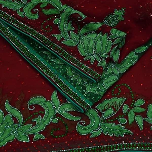 Vintage Heavy Bridal Maroon Dupatta Pure Georgette Silk Stole Hand Embroidered - Picture 1 of 24