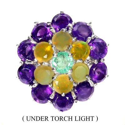 925 Sterling Silver Ring Round Fire Opal Amethyst Emerald Gemstone Jewelry Size  - Image 1 of 4