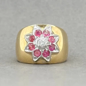 Estate 18K Two Tone 0.32ctw Lab-Created Rubies & 0.09ct H/SI1 Diamond Ring - Picture 1 of 5