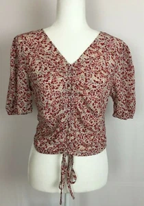Missguided Ditsy Ruched Puff Sleeve Top Women's 8 Red Floral Short Sleeve Crop - Picture 1 of 10