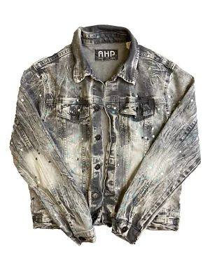 Another Hype Piece AHP Jacket Mens Medium Grey Denim Paint Splatter Concert - Image 1 of 4