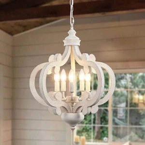 Wood Chandelier Vintage French Country Pendant Light Fixture White Lighting Home - Picture 1 of 24