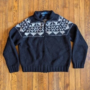 Vintage POLO RALPH LAUREN Black Tribal Full ZIP Wool Cardigan Sweater Mens XL - Picture 1 of 6