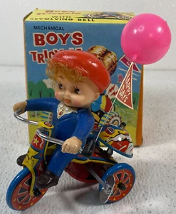 antique KEY WIND TIN LITHO TOY~BOY ON TRICYCLE w/BALLOON korea BOXED ! - Picture 1 of 12