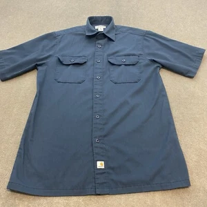 Carhartt Shirt Mens Medium S223 Navy Twill Short Sleeve Workwear Logo Distressed - Picture 1 of 13
