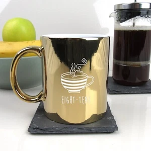 Engraved Shiny Gold Coffee Mug EIGHT-TEA Design 80th Birthday Gift Dad, Grandad - Picture 1 of 16