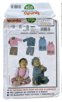 Burda 9734 Coordinates Overall Pants Hat Jacket Sewing Pattern 3M 6M 9M 12M 18M - Image 1 of 3