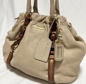 PRADA Tote Bag Handbag Metal Logo Leather Beige Used Japan Authentic F/Shipping