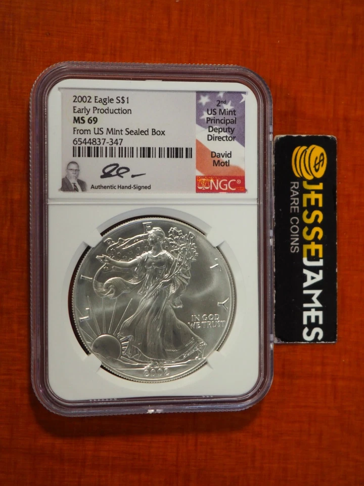 2002 SILVER EAGLE NGC MS69 EARLY PRODUCTION FROM US MINT SEALED BOX MOTL SIGNED - Image 1 of 2