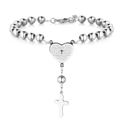 Pulsera Cruz Oración Corazón Cadena Rosario Cuentas Acero Inoxidable para Hombres Mujeres Foto 1 de 4